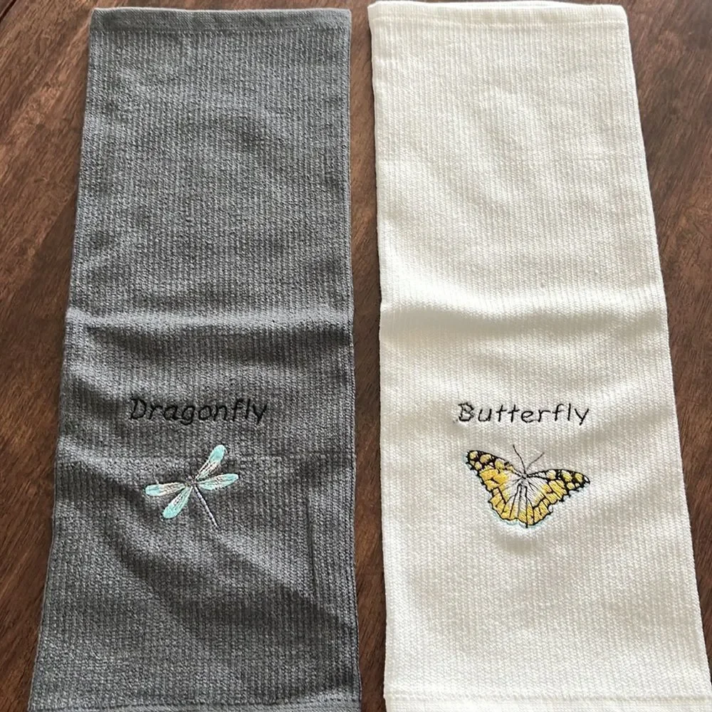 NEW flaws- Set of Gray and White 100% Cotton Embroidered Barmop Dishtowels